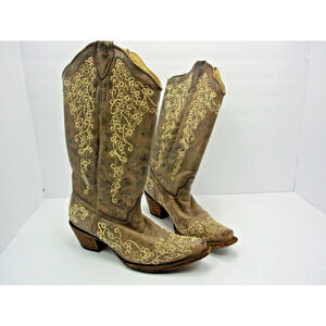 Corral Boots Brown Ivory Embroidered Leather Knee High Western Cowgirl Boots 9M